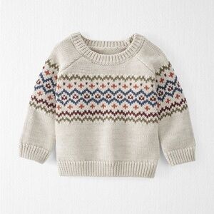 Toddler Cream Fair Isle Knit Sweater with Blue and Olive Pattern